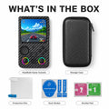 iGameConsole R36T MAX Performance Edition carbon fiber black retro handheld game console displayed in a WHAT’S IN THE BOX layout with storage case, protective film, dust sticker, alcohol pad, RGB-ring joysticks, and clean white studio background.