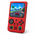 iGameConsole R36T MAX red retro handheld game console shown as a standalone color option with a large square display, circular D-pad, ABXY buttons, dual RGB-ring joysticks, center speaker grille, and colorful racing game screen on a clean white background.