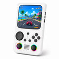 iGameConsole R36T MAX white retro handheld game console shown as a standalone color option with a large square display, circular D-pad, ABXY buttons, dual RGB-ring joysticks, center speaker grille, and colorful racing game screen on a clean white background.