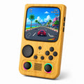 iGameConsole R36T MAX yellow wood grain retro handheld game console shown as a standalone color option with a large square display, circular D-pad, ABXY buttons, dual RGB-ring joysticks, center speaker grille, and colorful racing game screen on a clean white background.