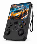 iGameConsole R36XX Pro black handheld game console shown as a standalone color option with a vertical screen, black D-pad, colorful ABXY buttons, dual joysticks, speaker grille, wrist strap, and racing game display on a clean white background.