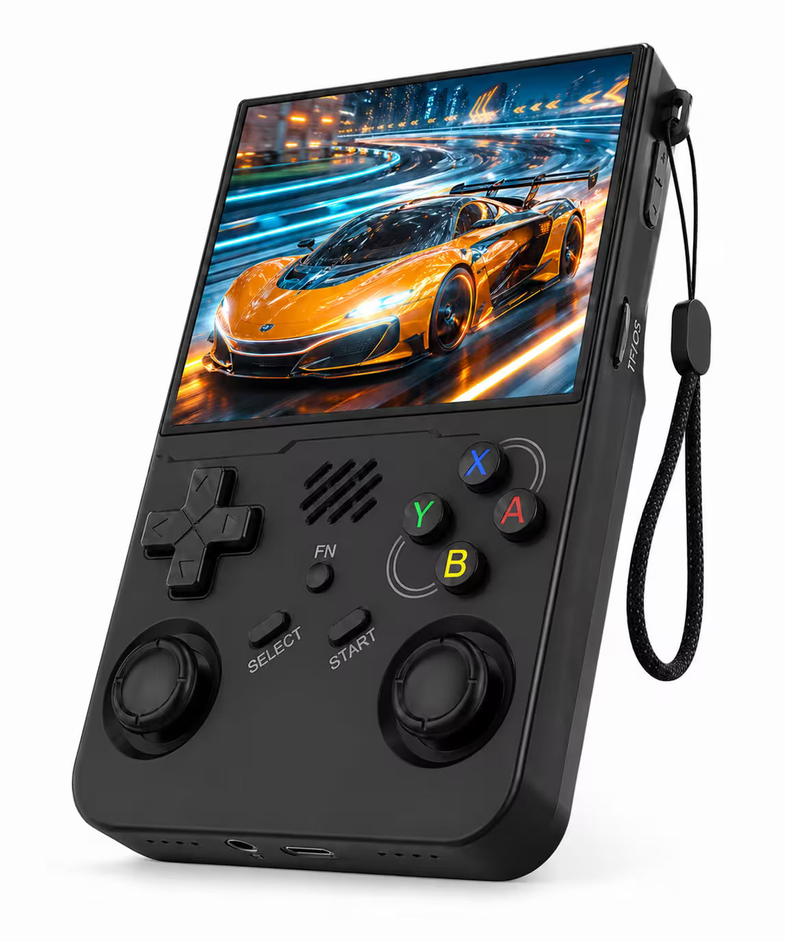 iGameConsole R36XX Pro black handheld game console shown as a standalone color option with a vertical screen, black D-pad, colorful ABXY buttons, dual joysticks, speaker grille, wrist strap, and racing game display on a clean white background.