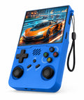 iGameConsole R36XX Pro blue portable gaming console shown as a standalone color option with a large vertical screen, black D-pad, colorful ABXY buttons, dual joysticks, speaker grille, wrist strap, and dynamic racing game display on a clean white background.