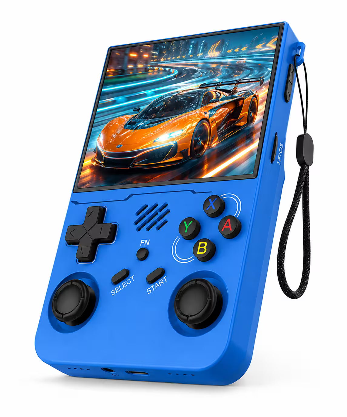 iGameConsole R36XX Pro blue portable gaming console shown as a standalone color option with a large vertical screen, black D-pad, colorful ABXY buttons, dual joysticks, speaker grille, wrist strap, and dynamic racing game display on a clean white background.