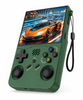 iGameConsole R36XX Pro green portable handheld console shown as a standalone color option with a vertical display, black D-pad, colorful ABXY buttons, dual joysticks, front speaker grille, wrist strap, and vivid racing game screen on a clean white background.