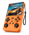 iGameConsole R36XX Pro orange retro handheld game console shown as a standalone color option with a vertical display, black D-pad, colorful ABXY buttons, dual joysticks, front speaker grille, wrist strap, and colorful racing game screen on a clean white background.