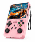 iGameConsole R36XX Pro pink portable handheld console shown as a standalone color option with a vertical screen, black D-pad, colorful ABXY buttons, dual joysticks, speaker grille, wrist strap, and vivid racing game display on a clean white background.