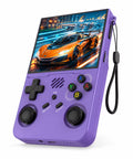 iGameConsole R36XX Pro purple retro handheld console shown as a standalone color option with a vertical display, black D-pad, colorful ABXY buttons, dual joysticks, speaker grille, wrist strap, and bright racing game screen on a clean white background.
