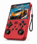 iGameConsole R36XX Pro red retro handheld game console shown as a standalone color option with a vertical screen, black D-pad, colorful ABXY buttons, dual joysticks, speaker grille, wrist strap, and racing game display on a clean white background.