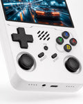 Close-up of the iGameConsole R36XX white handheld console showing the black D-pad, dual joysticks, colorful ABXY buttons, speaker grille, select and start buttons, bottom ports, and clean white shell details.