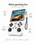 Feature-highlight image of the iGameConsole R36XX white handheld game console with callouts for clear display, portable design, comfortable controls, wrist strap, responsive D-pad, classic buttons, and built-in speaker.