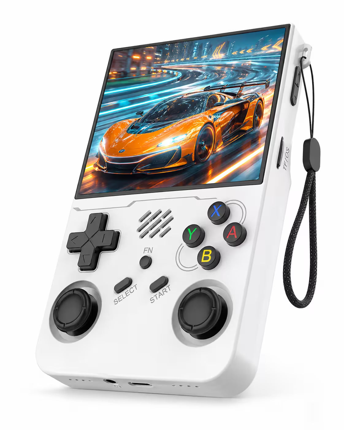 iGameConsole R36XX white retro handheld game console with a vertical display, black D-pad, dual joysticks, colorful ABXY buttons, wrist strap, and vivid racing game screen on a clean white background.
