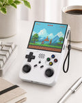 iGameConsole R36XX white retro portable console on a clean modern desk setup with a keyboard, coffee mug, notebook, and plant, displaying a colorful retro platform game.