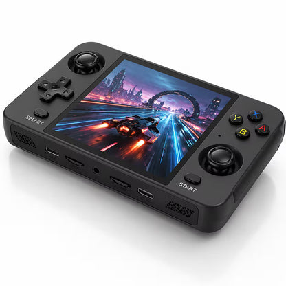 iGameConsole R40S black retro handheld game console shown as a standalone color option with a horizontal display, dual joysticks, D-pad, ABXY buttons, and a futuristic racing game screen on a clean white background.
