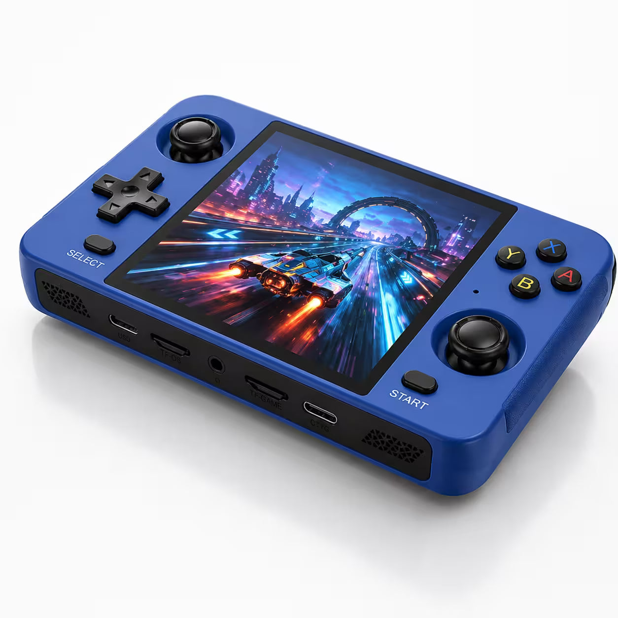 iGameConsole R40S blue retro handheld game console shown as a standalone color option with a horizontal display, dual joysticks, D-pad, ABXY buttons, and a futuristic racing game screen on a clean white background.