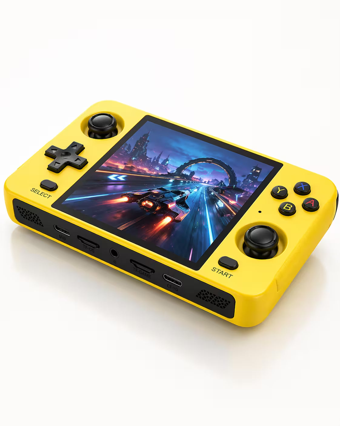 iGameConsole R40S bright yellow handheld game console with a horizontal design, dual joysticks, D-pad, colorful ABXY buttons, and a vivid sci-fi racing game screen on a clean white background.