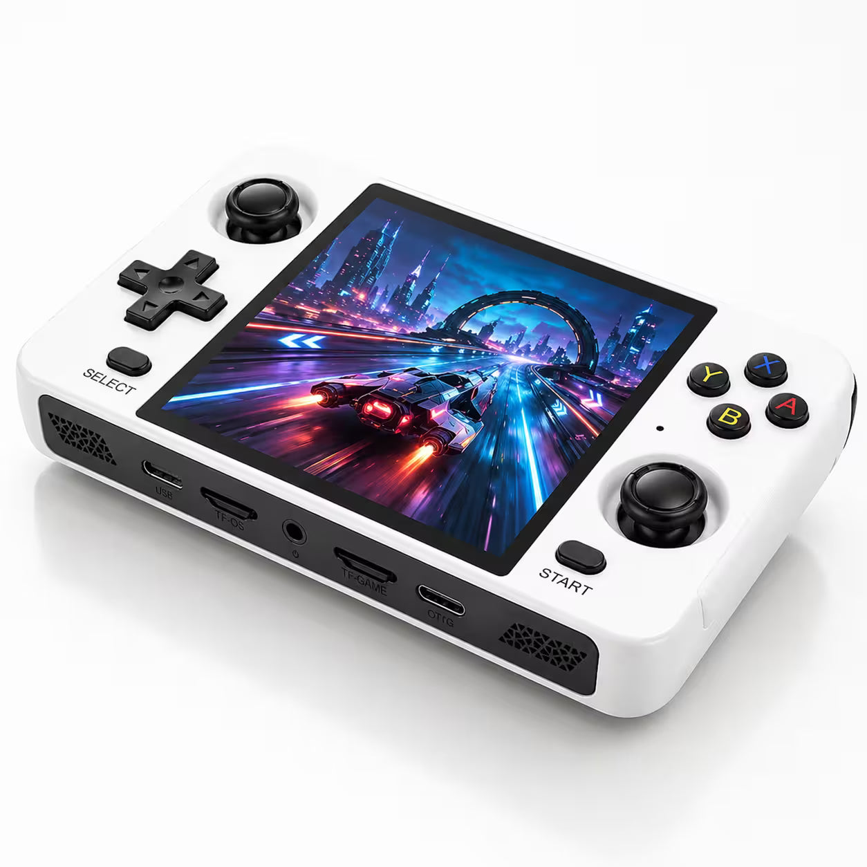 iGameConsole R40S white retro handheld game console shown as a standalone color option with a horizontal display, dual joysticks, D-pad, ABXY buttons, and a futuristic racing game screen on a clean white background.