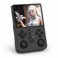 iGameConsole R40XX Pro Max black retro handheld game console shown as a standalone color option with a vertical screen, dual analog sticks, black D-pad and face buttons, speaker grille, and anime-style display on a clean white background.