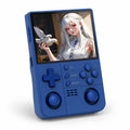 iGameConsole R40XX Pro Max blue retro handheld game console shown as a standalone color option with a vertical screen, dual analog sticks, blue D-pad and face buttons, speaker grille, and anime-style display on a clean white background.