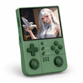 iGameConsole R40XX Pro Max green retro handheld game console shown as a standalone color option with a vertical screen, dual analog sticks, green D-pad and face buttons, speaker grille, and anime-style display on a clean white background.