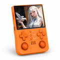 iGameConsole R40XX Pro Max orange retro handheld game console shown as a standalone color option with a vertical screen, dual analog sticks, orange D-pad and face buttons, speaker grille, and anime-style display on a clean white background.