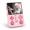 iGameConsole R40XX Pro Max pink retro handheld game console shown as a standalone color option with a vertical screen, dual analog sticks, pink D-pad and face buttons, speaker grille, and anime-style display on a clean white background.