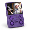 iGameConsole R40XX Pro Max purple retro handheld game console shown as a standalone color option with a vertical screen, dual analog sticks, purple D-pad and face buttons, speaker grille, and anime-style display on a clean white background.