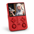 iGameConsole R40XX Pro Max red retro handheld game console shown as a standalone color option with a vertical screen, dual analog sticks, red D-pad and face buttons, speaker grille, and anime-style display on a clean white background.