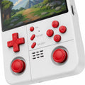 Close-up of the iGameConsole R40XX Pro Max white and red handheld console showing the red ABXY buttons, red D-pad, start and select buttons, speaker grille, dual joysticks, and clean matte shell details.