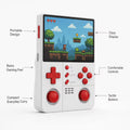 Feature-highlight image of the iGameConsole R40XX Pro Max white and red handheld game console with callouts for portable design, clear display, retro gaming feel, comfortable controls, tactile buttons, and compact everyday carry.