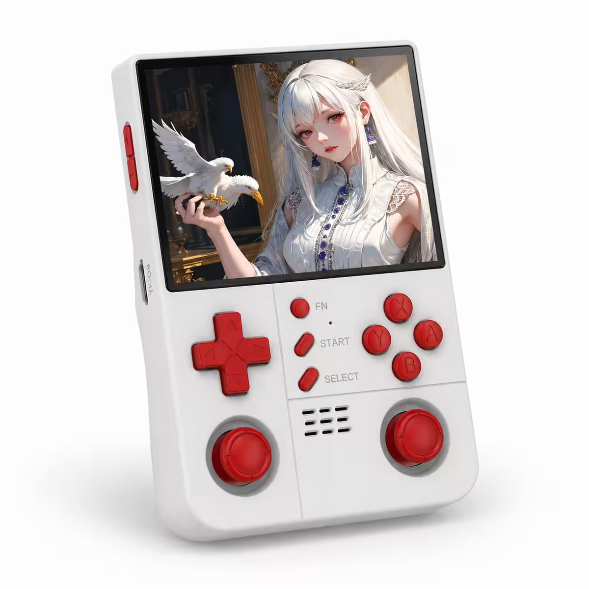 iGameConsole R40XX Pro Max white and red retro handheld game console with a vertical display, dual joysticks, red D-pad, red ABXY buttons, and a pixel-style racing game screen on a clean white background.