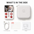 iGameConsole R40XX Pro Max white and red retro handheld game console shown in a what’s-in-the-box layout with Type-C charging cable, storage box, screen film, user manual, red D-pad, red dual joysticks, ABXY buttons, speaker grille, and original fantasy screen artwork.