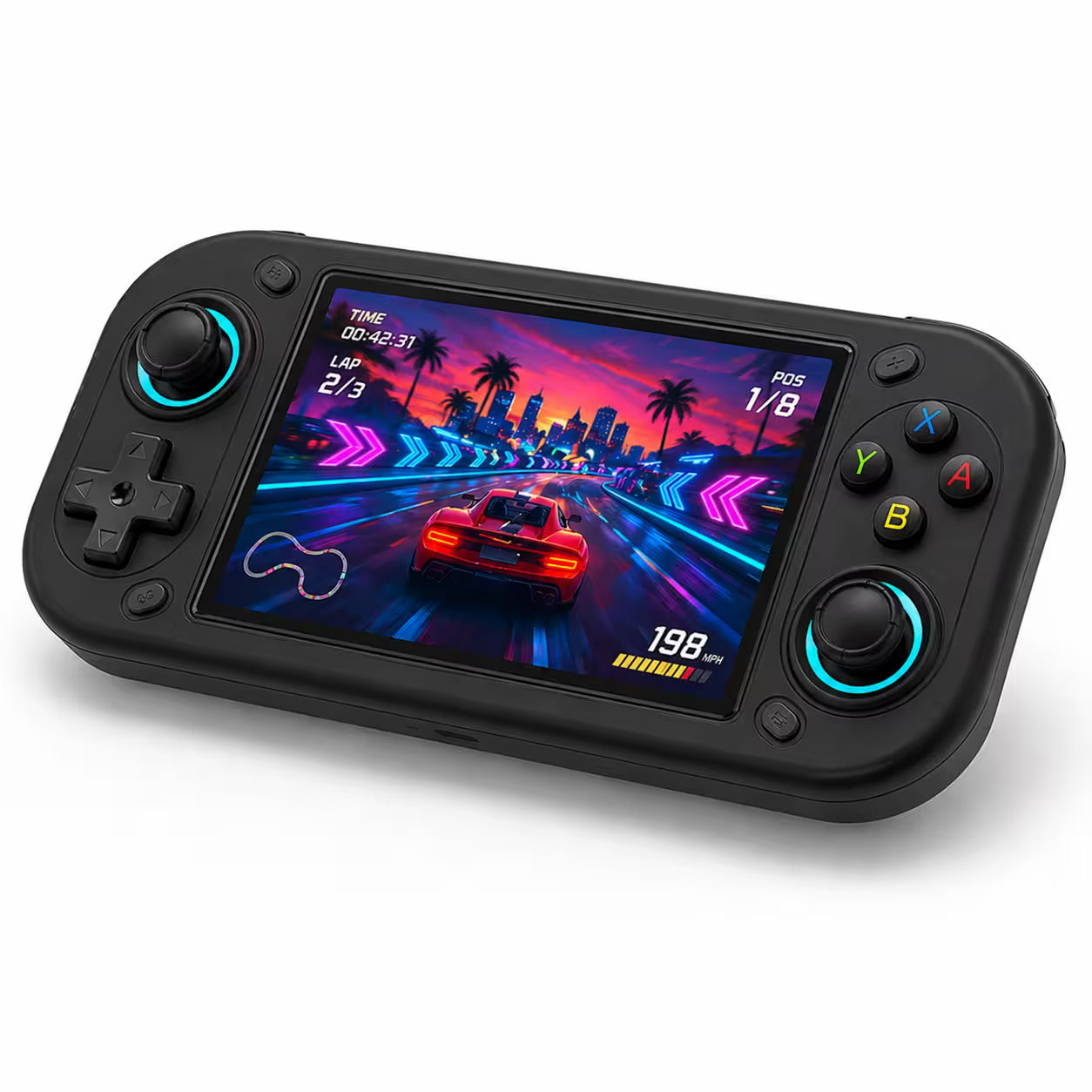 iGameConsole R43S Pro black portable handheld console shown as a standalone color option with a wide display, black D-pad, colorful ABXY buttons, dual joysticks with blue RGB rings, and neon racing game screen on a clean white background.