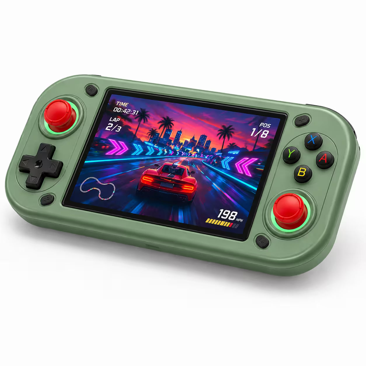 iGameConsole R43S Pro green retro handheld game console shown as a standalone color option with a horizontal display, black D-pad, colorful ABXY buttons, red dual joysticks with RGB rings, and neon racing game screen on a clean white background.