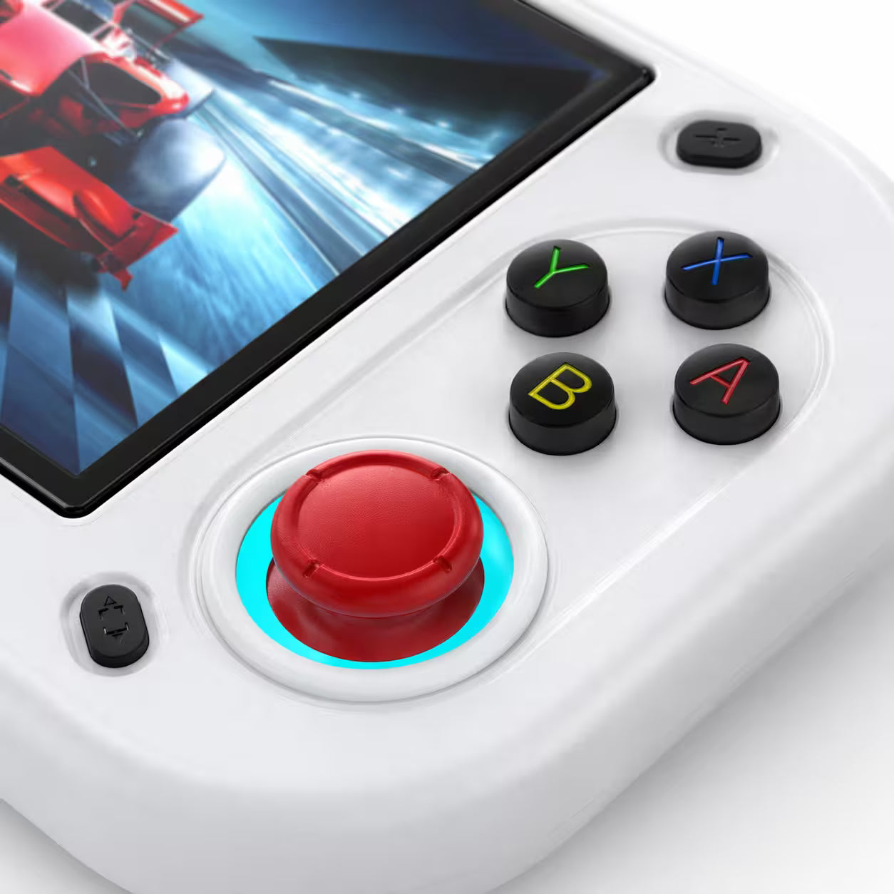 Close-up of the iGameConsole R43S white handheld console showing dual red joysticks with cyan ring accents, black D-pad, colorful ABXY buttons, screen edge, and clean shell details.