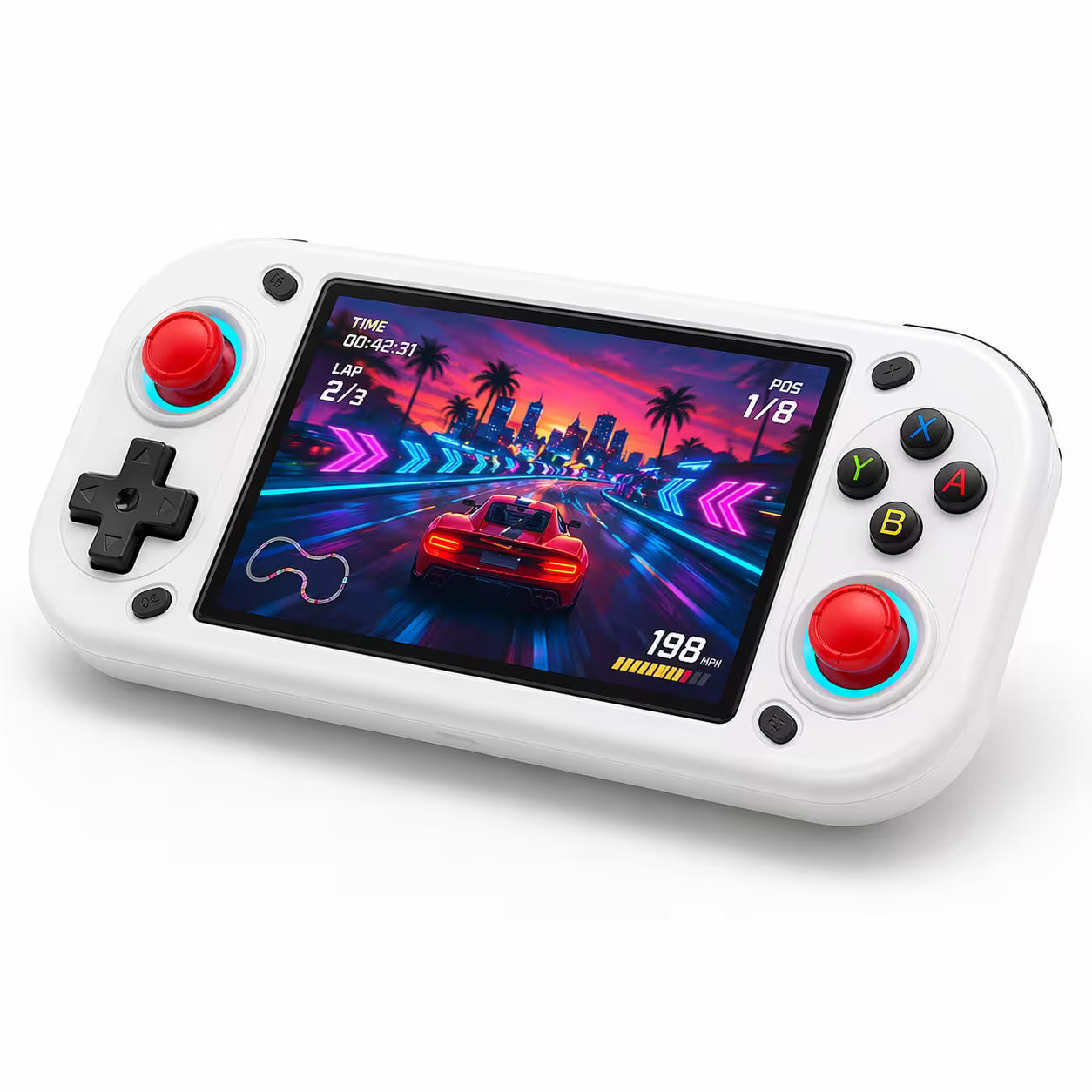 iGameConsole R43S white handheld game console with a horizontal design, dual red joysticks, black D-pad, colorful ABXY buttons, and a vivid racing game screen on a clean white background.