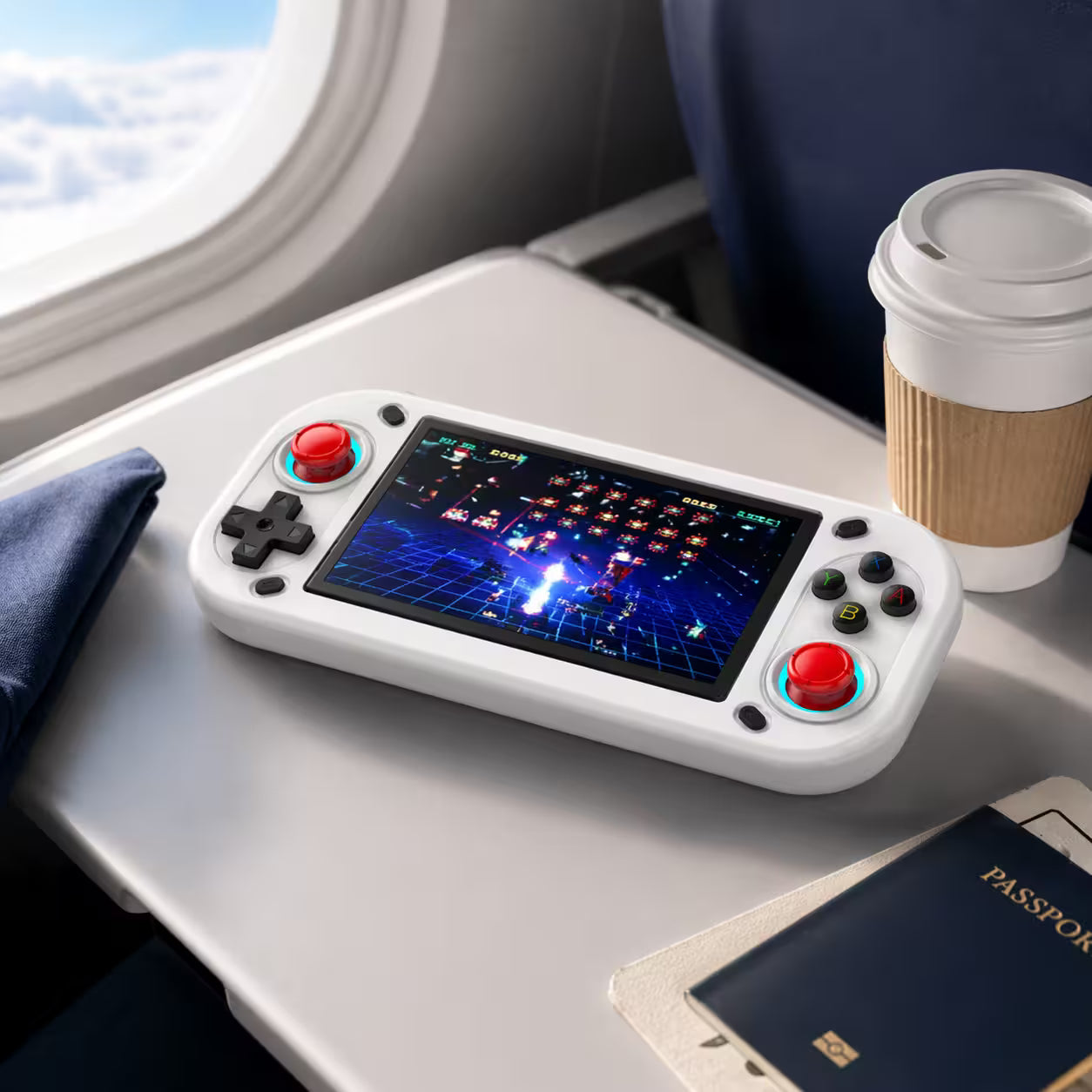 iGameConsole R43S white portable gaming console on an airplane tray table with a coffee cup and travel pouch, showing gaming on the go.