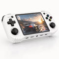 iGameConsole R46H full white portable handheld console with a horizontal design, black D-pad, dual joysticks, colorful ABXY buttons, visible front ports, and racing game screen on a clean white background.