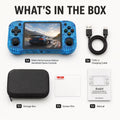 iGameConsole R46H Performance Edition transparent blue portable handheld console shown in a what’s-in-the-box layout with Type-C charging cable, storage box, screen film, manual, D-pad, ABXY buttons, dual joysticks, front ports, and racing game screen.