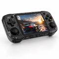 iGameConsole R46H transparent black retro handheld game console with a horizontal design, black D-pad, dual joysticks, ABXY buttons, front ports, and racing game screen on a clean white background.