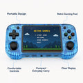 Feature-highlight image of the iGameConsole R46H transparent blue handheld game console with callouts for portable design, retro gaming feel, comfortable controls, compact everyday carry, and clear display.