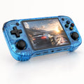 iGameConsole R46H transparent blue handheld game console with a racing game screen, dual joysticks, D-pad, ABXY buttons, front ports, and clear shell details on a clean white background.