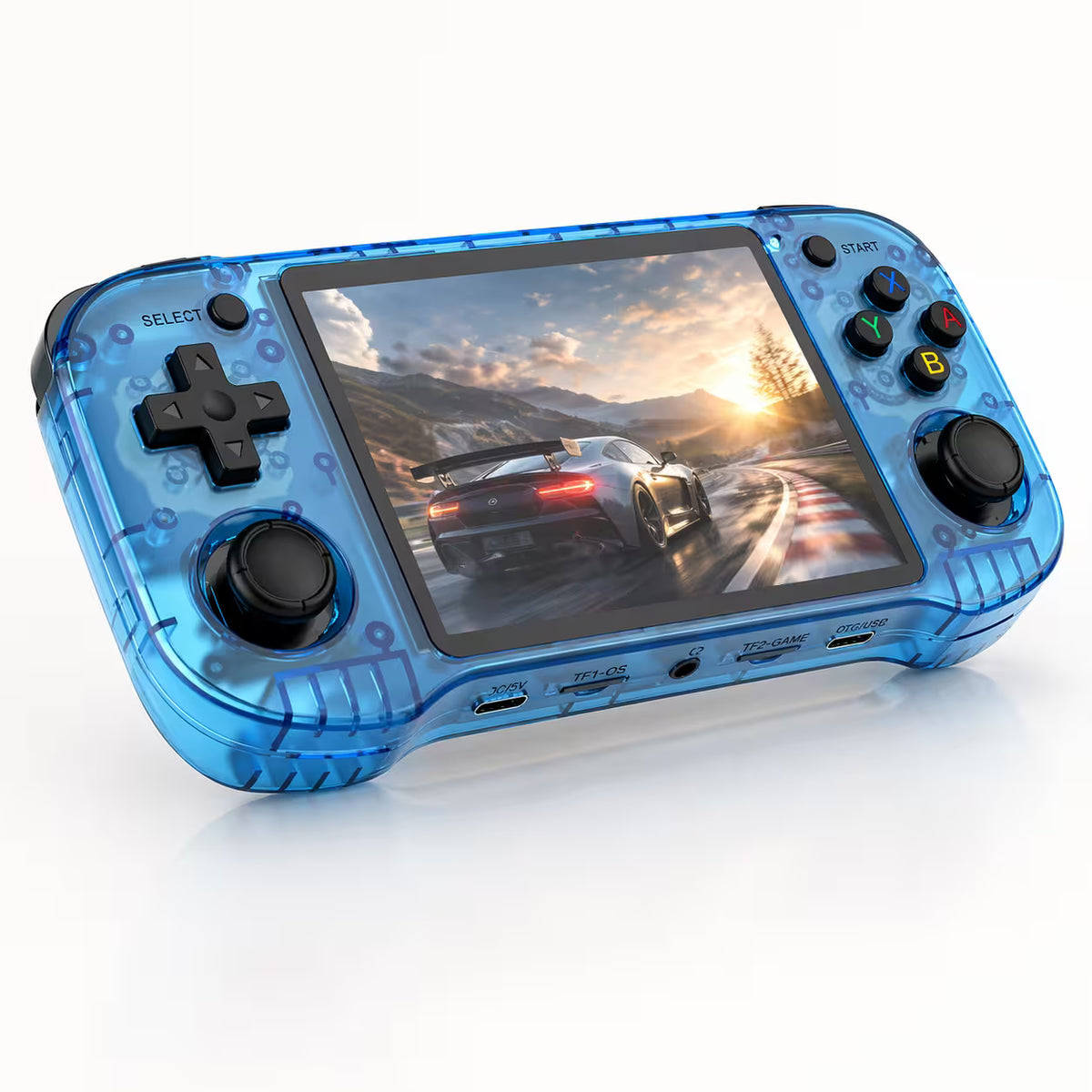 iGameConsole R46H transparent blue handheld game console with a racing game screen, dual joysticks, D-pad, ABXY buttons, front ports, and clear shell details on a clean white background.