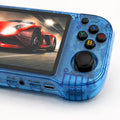 Close-up of the iGameConsole R46H transparent blue retro handheld console showing ABXY buttons, black joystick, start button, screen edge, front ports, speaker holes, and translucent shell details.