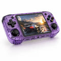 iGameConsole R46H transparent purple portable gaming console with a horizontal body, black D-pad, dual joysticks, ABXY buttons, visible front ports, and racing game screen on a clean white background.