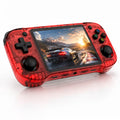iGameConsole R46H transparent red retro handheld console with a horizontal design, black D-pad, dual joysticks, colorful ABXY buttons, front ports, and racing game display on a clean white background.