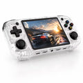 iGameConsole R46H transparent white portable handheld console with a clear shell, black D-pad, dual joysticks, ABXY buttons, front ports, and racing game display on a clean white background.
