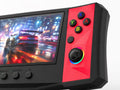 Close-up of the iGameConsole R50 Ultra black handheld console showing the colorful ABXY buttons, RGB-ring joystick, screen edge, start button, and angular side-panel design.