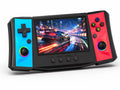 iGameConsole R50 Ultra black handheld game console with cyan and red side panels, a wide display, dual RGB-ring joysticks, D-pad, colorful ABXY buttons, and a racing game screen on a clean white background.