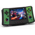 iGameConsole R50 Ultra H green retro handheld game console shown as a standalone color option with a wide display, left D-pad, right ABXY buttons, dual RGB-ring joysticks, center control buttons, and a dynamic racing game display on a clean white background.